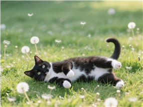 春天草地打滚玩耍小猫咪图片